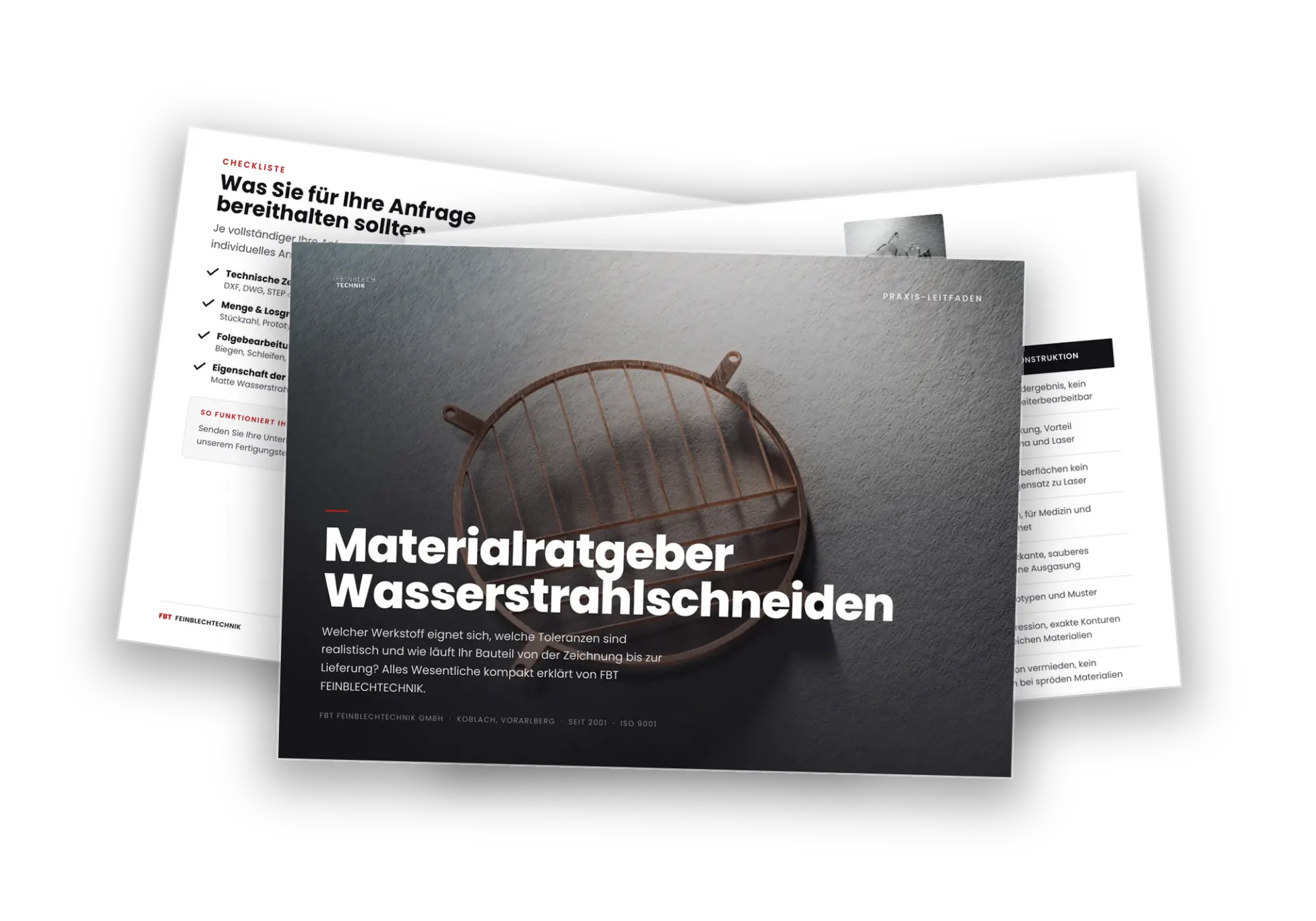 Materialratgeber Wasserstrahlschneiden von FBT FEINBLECHTECHNIK, aufgeschlagene Seiten